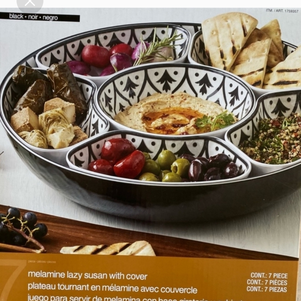 7 Piece Melamine Lazy Susan With Cover Divided Serving Dishes Black new